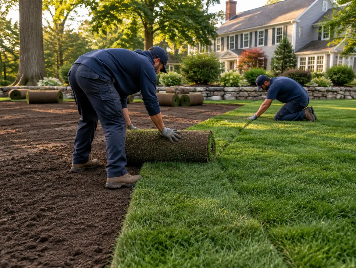 Professional sod installation at a Massachusetts home
