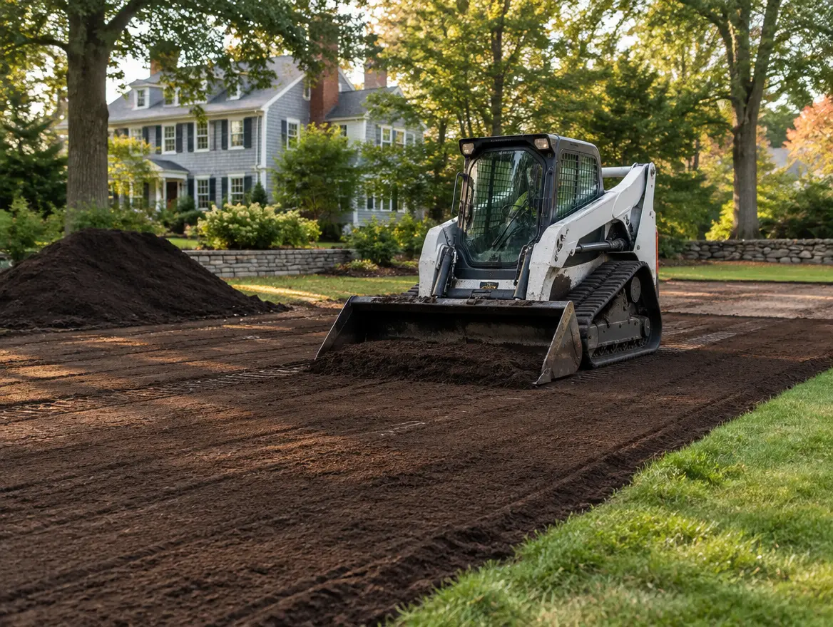 Professional grading and loam installation for a residential lawn